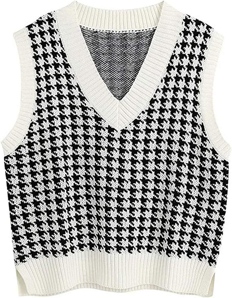 Jlihang Oversized Houndstooth Knitted Vest Sweater Vintage V Neck Loose Sleeveless Sweater | Amazon (US)