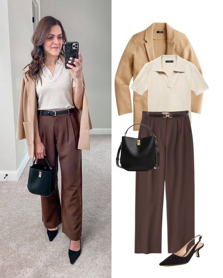 Transitional workwear outfit idea to wear from Summer to Fall | brown chocolate trousers, polo sweater, sweater blazer, slingback heels, mini shopper bag (all fit tts). 

#LTKstyletip #LTKworkwear