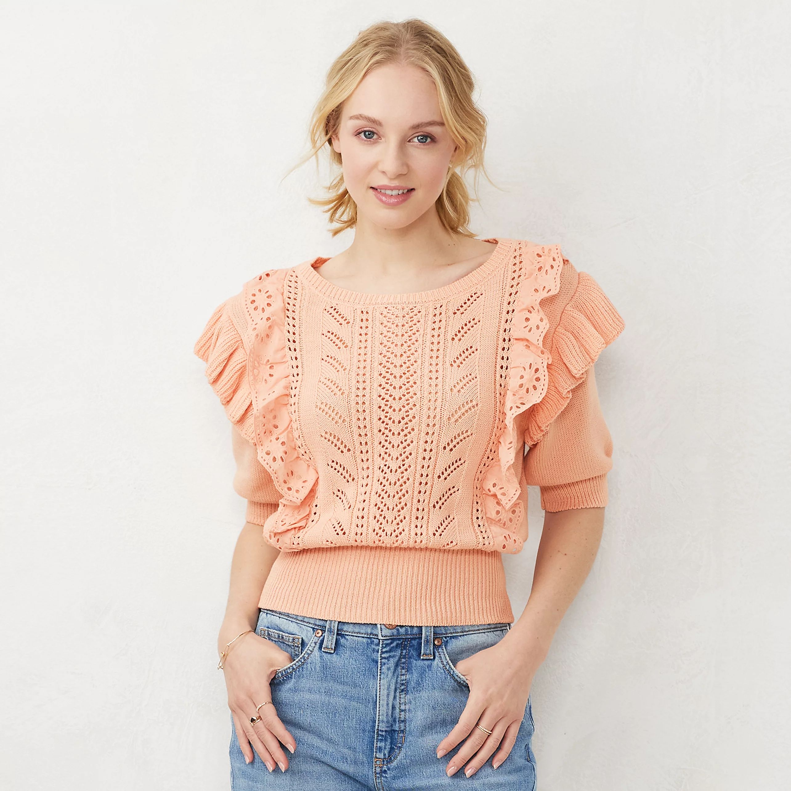 Women's LC Lauren Conrad Ruffle Pointelle Sweater Top | Kohl's