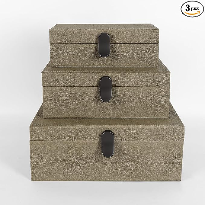 Elegant Set of 3 Green Shagreen Decorative Boxes with Velvet Lining and Brown Handles - Versatile... | Amazon (US)
