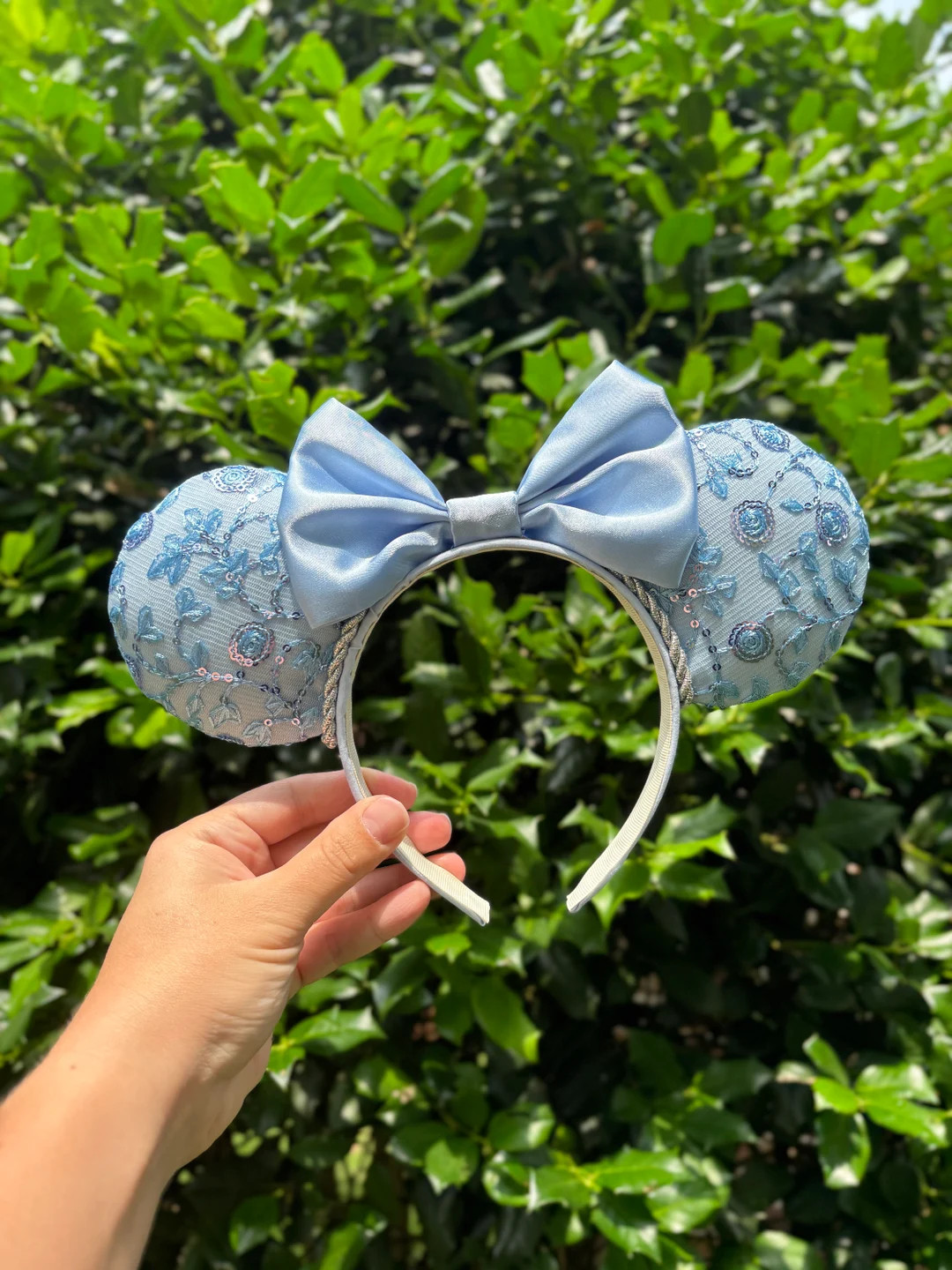 Light Blue Cinderella-inspired Mouse Ears With Lace, Sequins, Satin Bow and NEW Silver Trim - Ets... | Etsy (US)