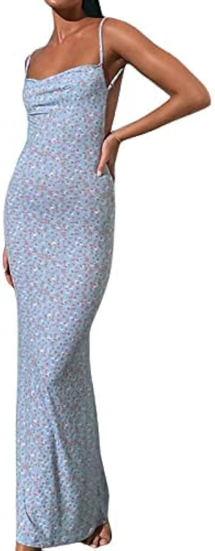 Women Cutout Backless Maxi Dress Spaghetti Strap Cocktail Bodycon Long Dresses Floral Print Sexy ... | Amazon (US)