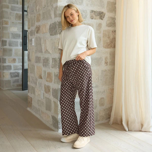 Audrey Mid Rise Wide Leg Pants, Cream Cocoa Dot | Albion Fit