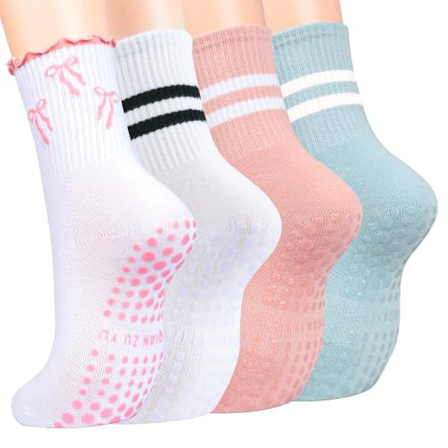 Toes Home Pilates Socks for Women, Gifts Cute Non Slip Yoga Crew Socks for Barre Hospital Sticky Slipper Socks 4 Pairs Bow White Pink Blue | Amazon (US)