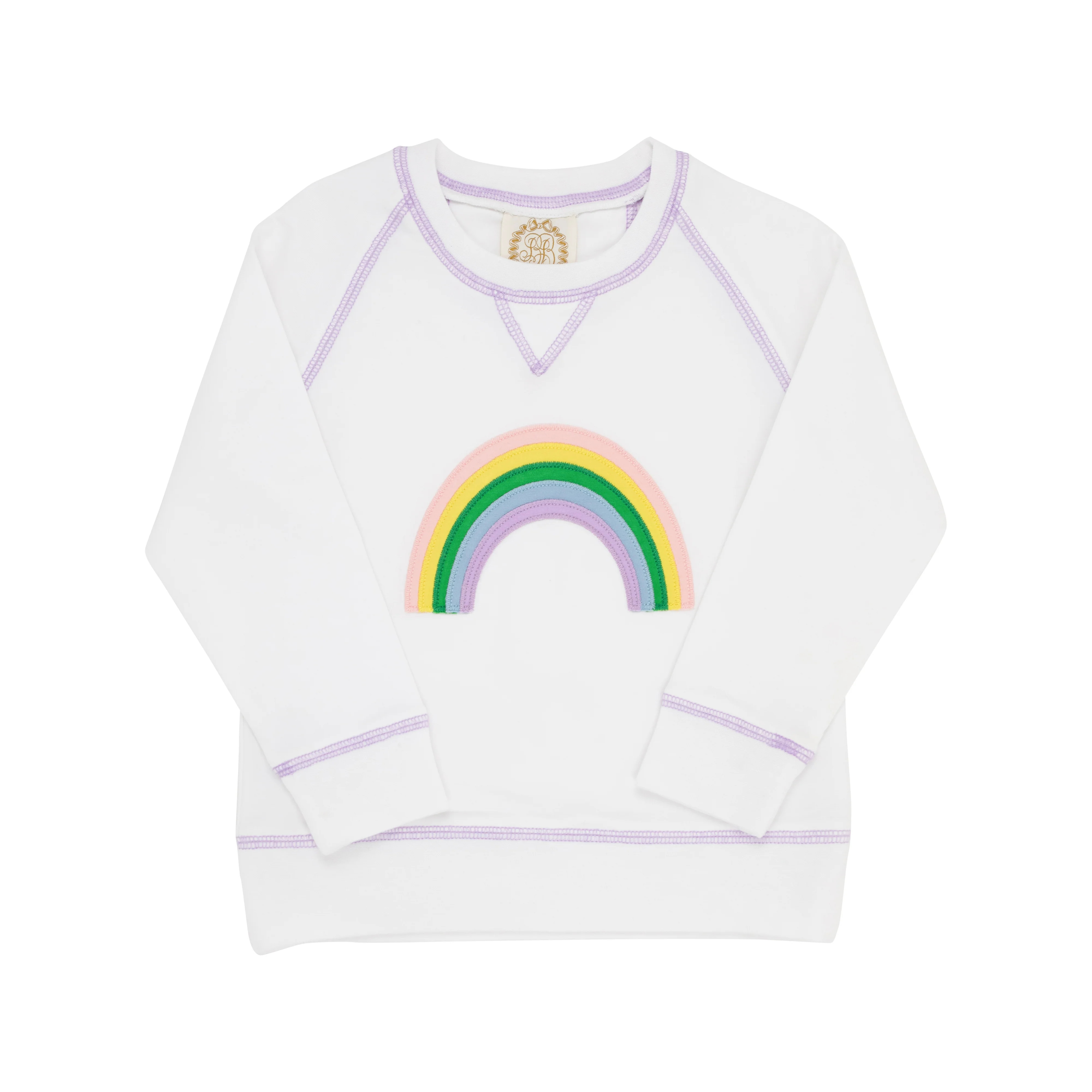 Cassidy Comfy Crewneck - Worth Avenue White with Rainbow Applique | The Beaufort Bonnet Company