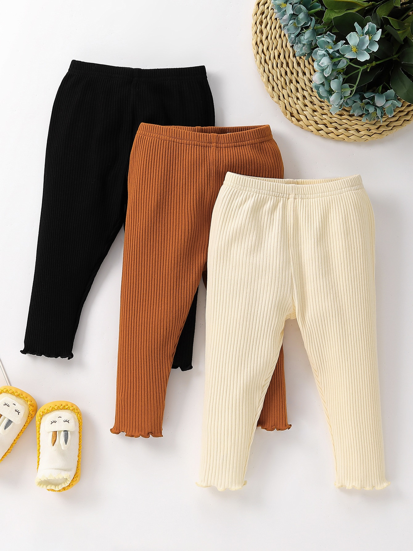 Baby 3pcs Ribbed Knit Lettuce Trim Leggings | SHEIN