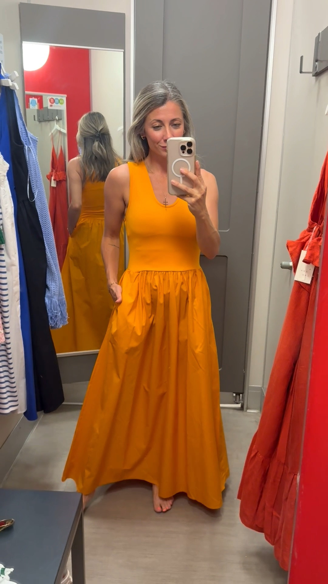 Ok wow I didn’t think I would love this dress as much as I do! It’s A New Day Target orange dress with pockets and is just so flattering! Pair this with a chunky beaded turquoise necklace and you’re good! Wearing an XS

#LTKOver40 #LTKPetite #LTKootd