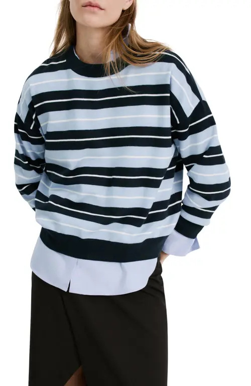 MANGO Mixed Stripe Crewneck Sweater in Dark Navy at Nordstrom, Size Medium | Nordstrom