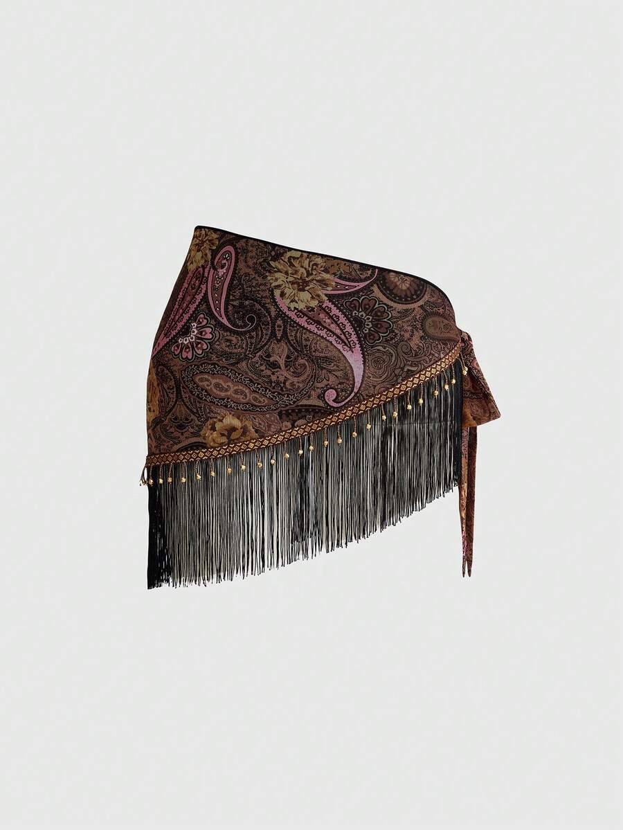 ROMWE Women's Retro Hippie Western Music Festival See-Through Wooden Bead Decor Fringe Hem Paisle... | SHEIN