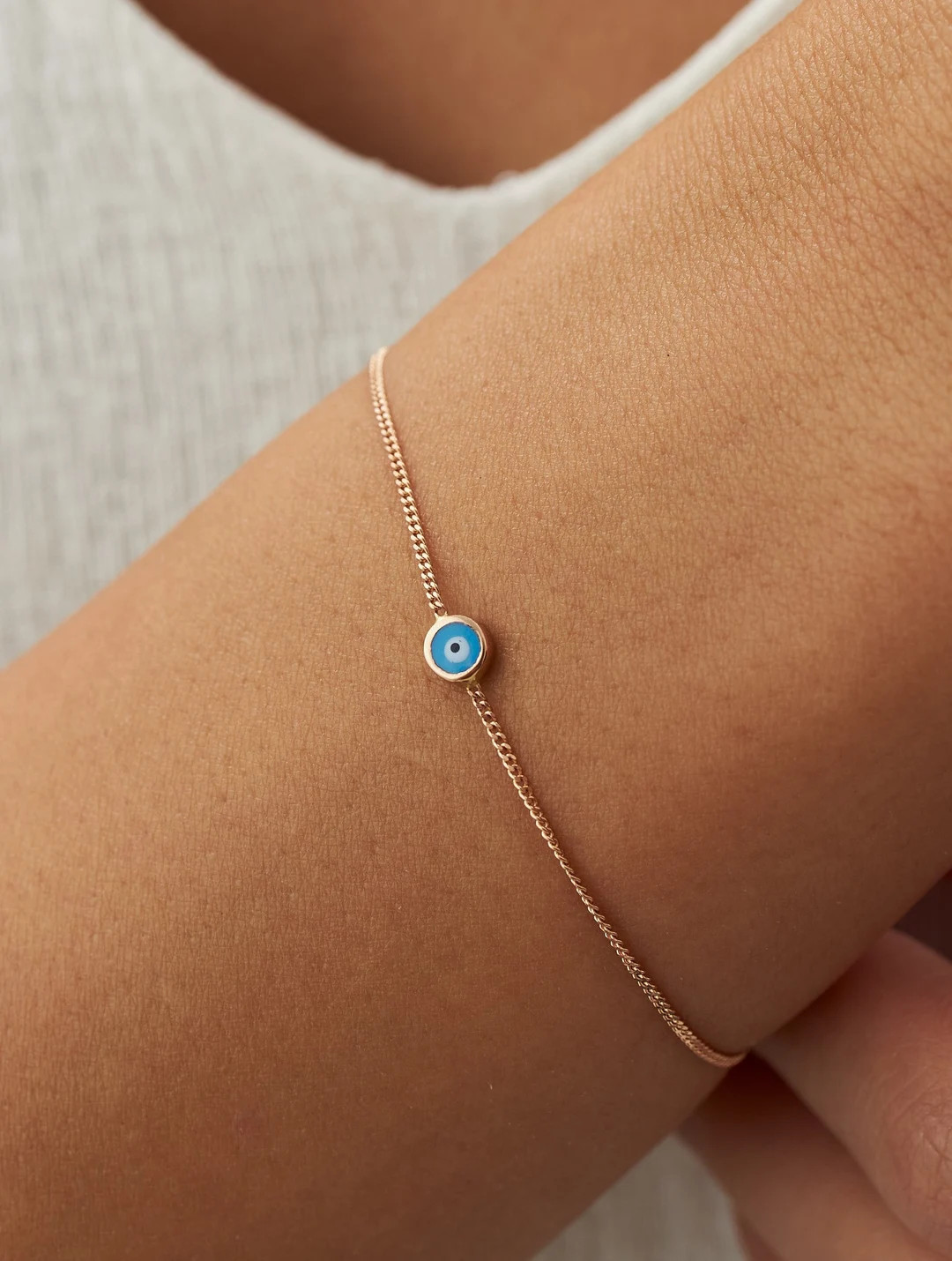 Dainty 14k Solid Gold Evil Eye Bracelet Simple Evil Eye - Etsy | Etsy (US)