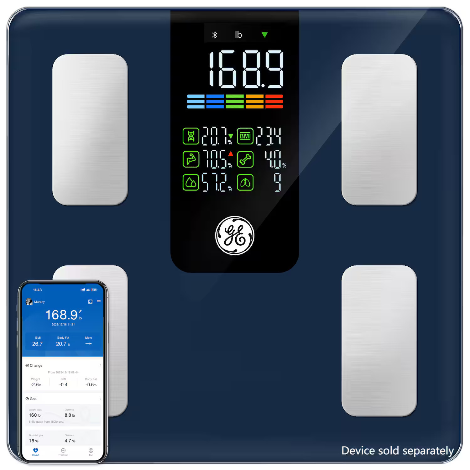 GE - Smart Body Weight Scale, Digital Body Fat BMI Muscle Scale, Bluetooth Health Analyzer with App, 500lb Large Platform - Dark Blue | Best Buy U.S.