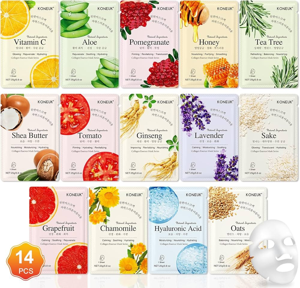 14 Pack Sheet Face Masks Skincare, Hydrating Face Masks Suitable for Dry Skin, Bulk Facial Mask S... | Amazon (US)
