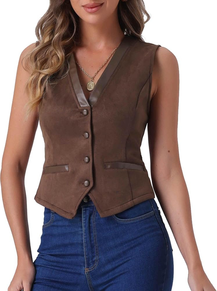 Allegra K Faux Suede Suit Vest for Women Dressy V Neck Sleeveless Western Vest Jacket Waistcoat | Amazon (US)