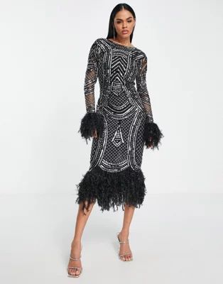 ASOS DESIGN long sleeve embellished sequin midi dress with faux feather trims in black | ASOS (Global)