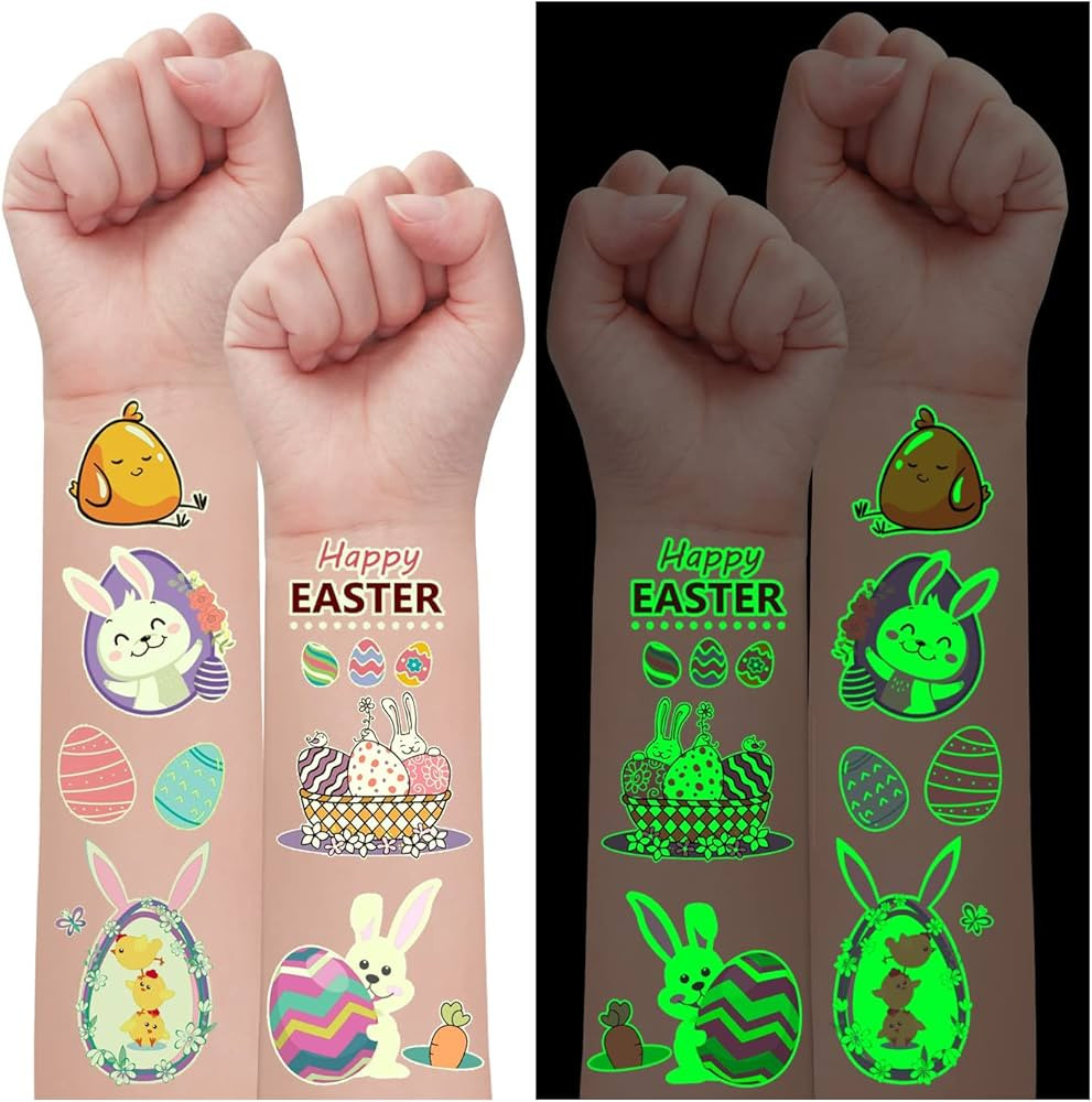 Partywind 132 PCS (12 Sheets) Luminous Easter Temporary Tattoos for Kids Basket Stuffers, Glow Ea... | Amazon (US)