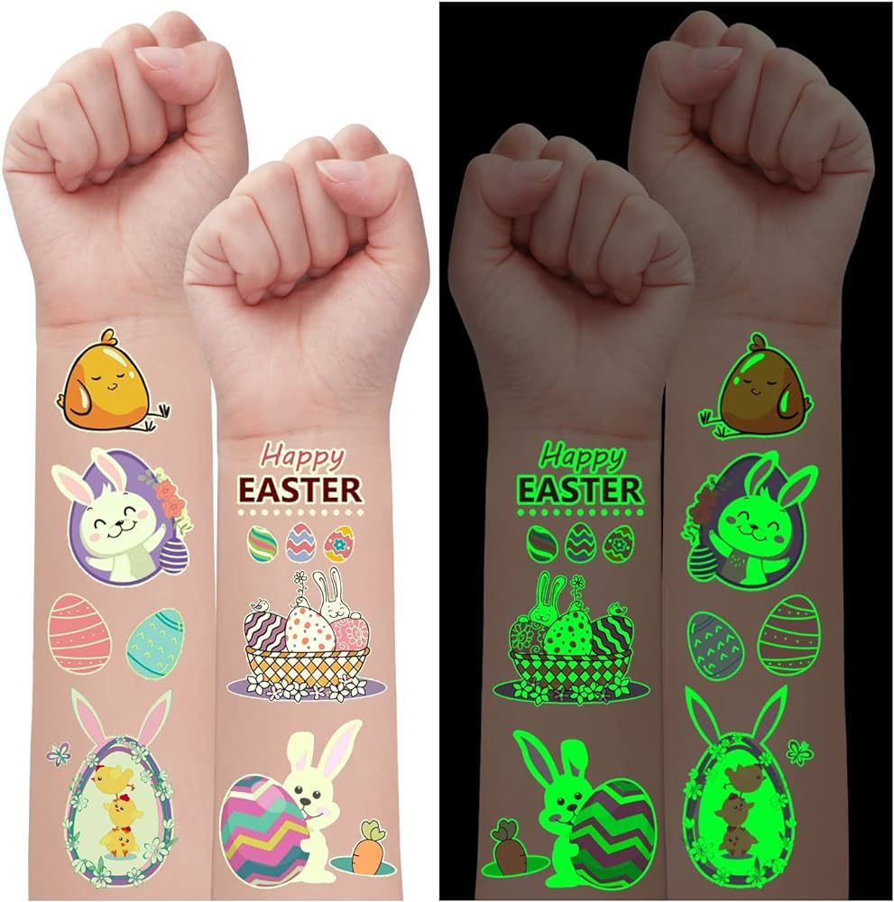 Partywind 132 PCS (12 Sheets) Luminous Easter Temporary Tattoos for Kids Basket Stuffers, Glow Ea... | Amazon (US)