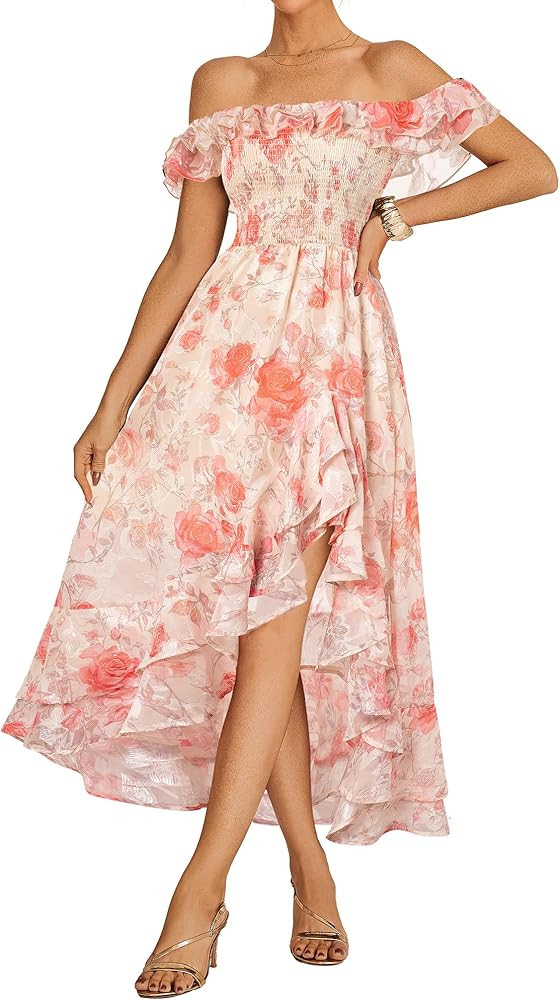 GRACE KARIN Women's Floral Print Maxi Dress Off Shoulder Smocked A Line Flowy Ruffle Wedding Gues... | Amazon (US)
