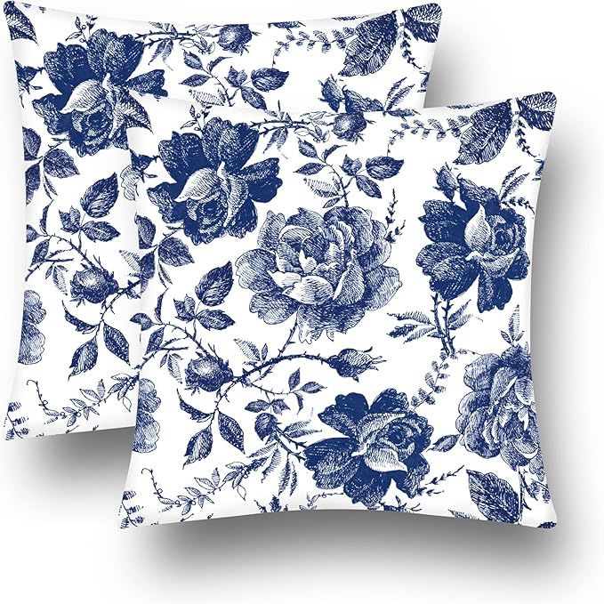 Blue and White Porcelain Floral Throw Pillow Covers Set of 2 Vintage Blue Floral Decorative Couch... | Amazon (US)