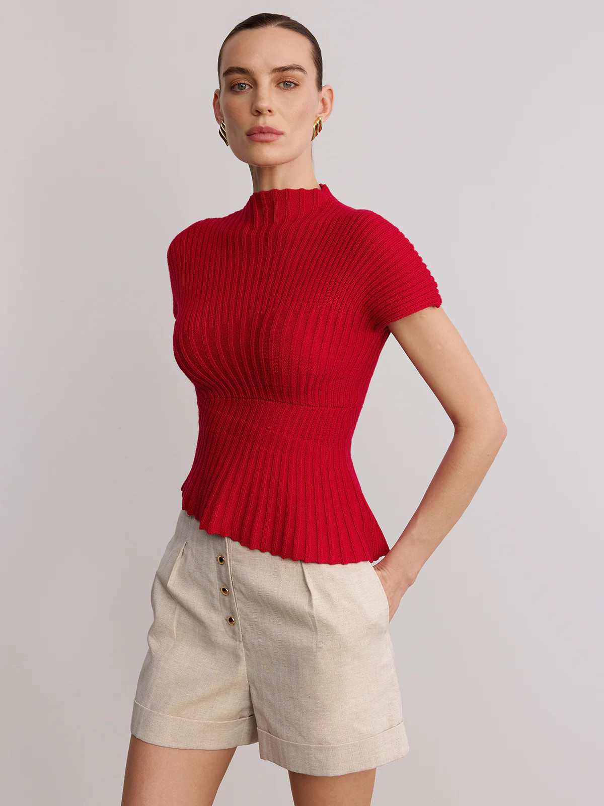 Wool Blend Ribbed Mock Neck Knit Top | Commense