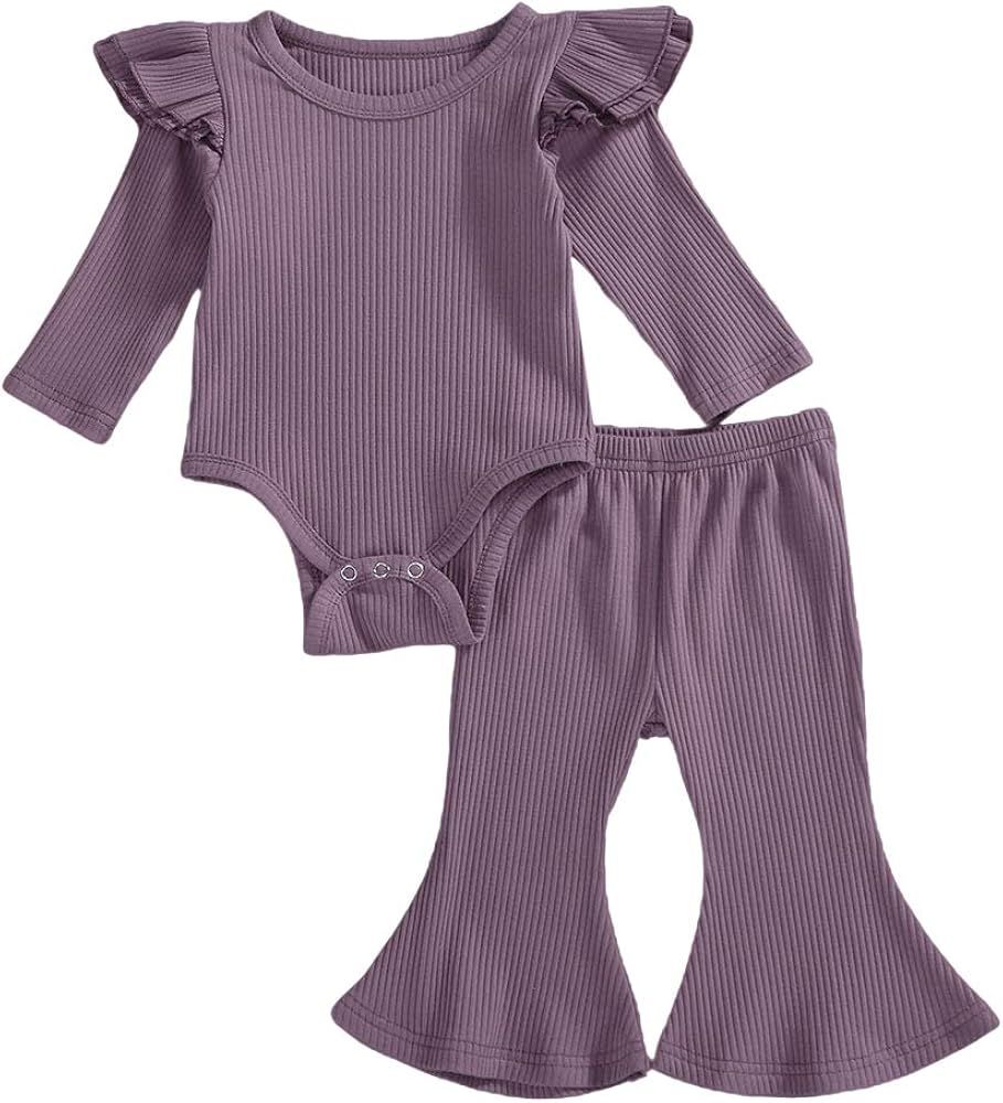 Newborn Baby Girl Solid Clothes Long Sleeve Ruffled Romper Knitted Tops + Bell-Bottom Pant Fall W... | Amazon (US)