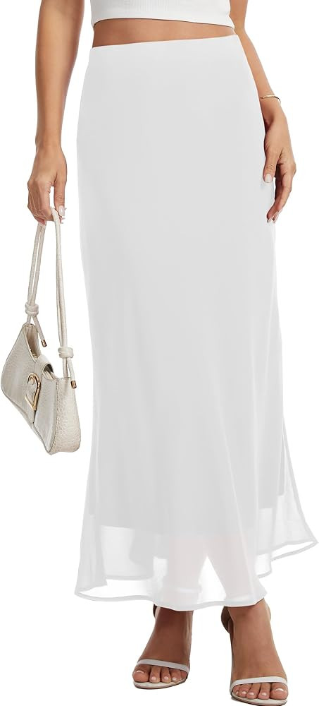 VIISHOW Women's Chiffon Maxi Skirt High Elastic Waist A-Line Flowy Midi Skirt with Lining Busines... | Amazon (US)