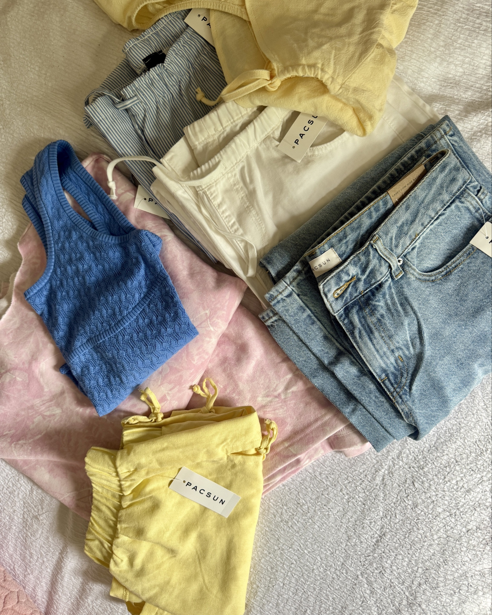 PAC SUN SUMMER HAUL + SIZES
- blue and white linen pants: size M
- white pants: one size fits all (I’m a size 27/28 for reference)
- low cut baggy jeans: size 27
- yellow shorts: size S
- yellow linen top: size M
- blue top: size S
- pink camo top: size S
- pink camo shorts: size M

#LTKSeasonal #LTKSaleAlert #LTKStyleTip