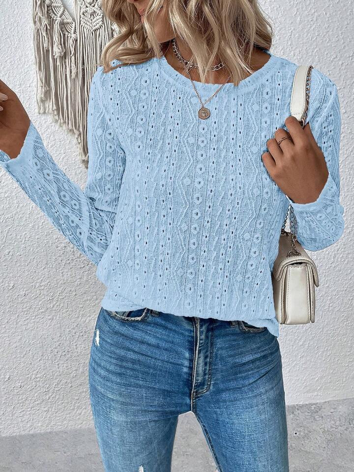 SHEIN LUNE Solid Eyelet Embroidery Tee | SHEIN