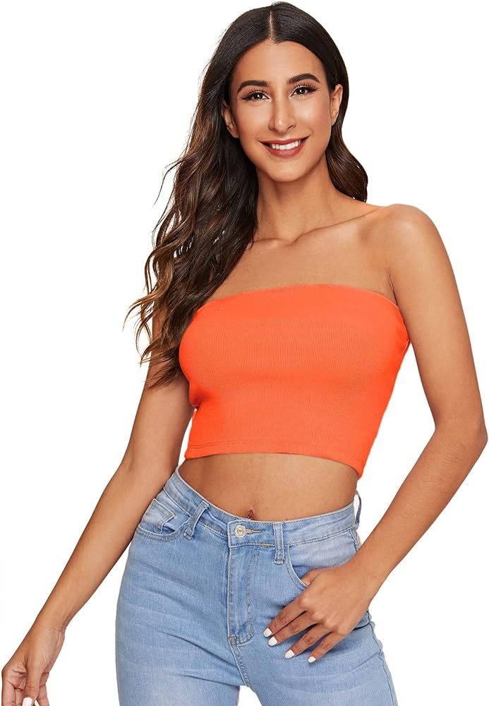 SheIn Women's Casual Summer Solid Knit Strapless Basic Crop Bandeau Tube Top | Amazon (US)