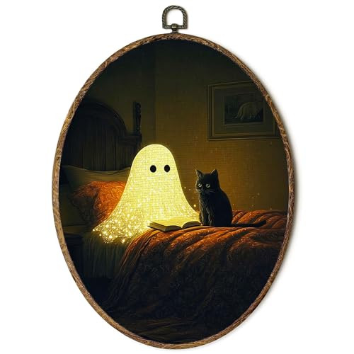 FSTCSV Halloween Ghost Cat Reading Oval Wall Art Framed, Whimsical Ghost Black Cat Canvas Prints Wall Hanging Art, Dark Academia Halloween Oval Walls Decor for Home Bedroom, 8.8x11.5in | Amazon (US)