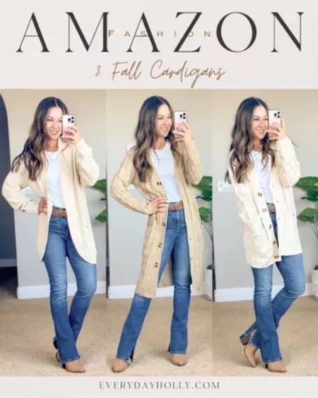 I’m 5’1”, 110lbs All cardigans size small Cardigan 1 Apricot Cardigan 2 khaki Cardigan 3 beige Jeans 0 short Bodysuit small Belt comes in a 2 pack Linking similar boots

#LTKover40 #LTKSeasonal #LTKstyletip