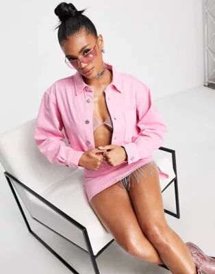 ASOS DESIGN denim shacket and mini skirt in pink - part of a set | ASOS (Global)