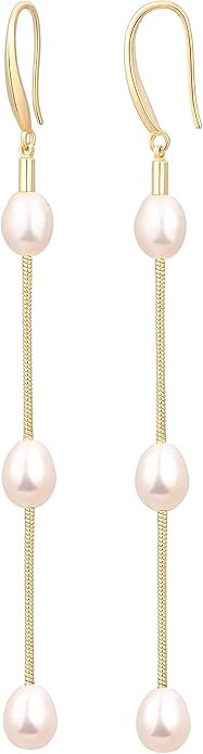 18K Gold Long Pearl Earrings Baroque Drop Dangle Earrings for Women Statement Snake Chain Dainty ... | Amazon (US)