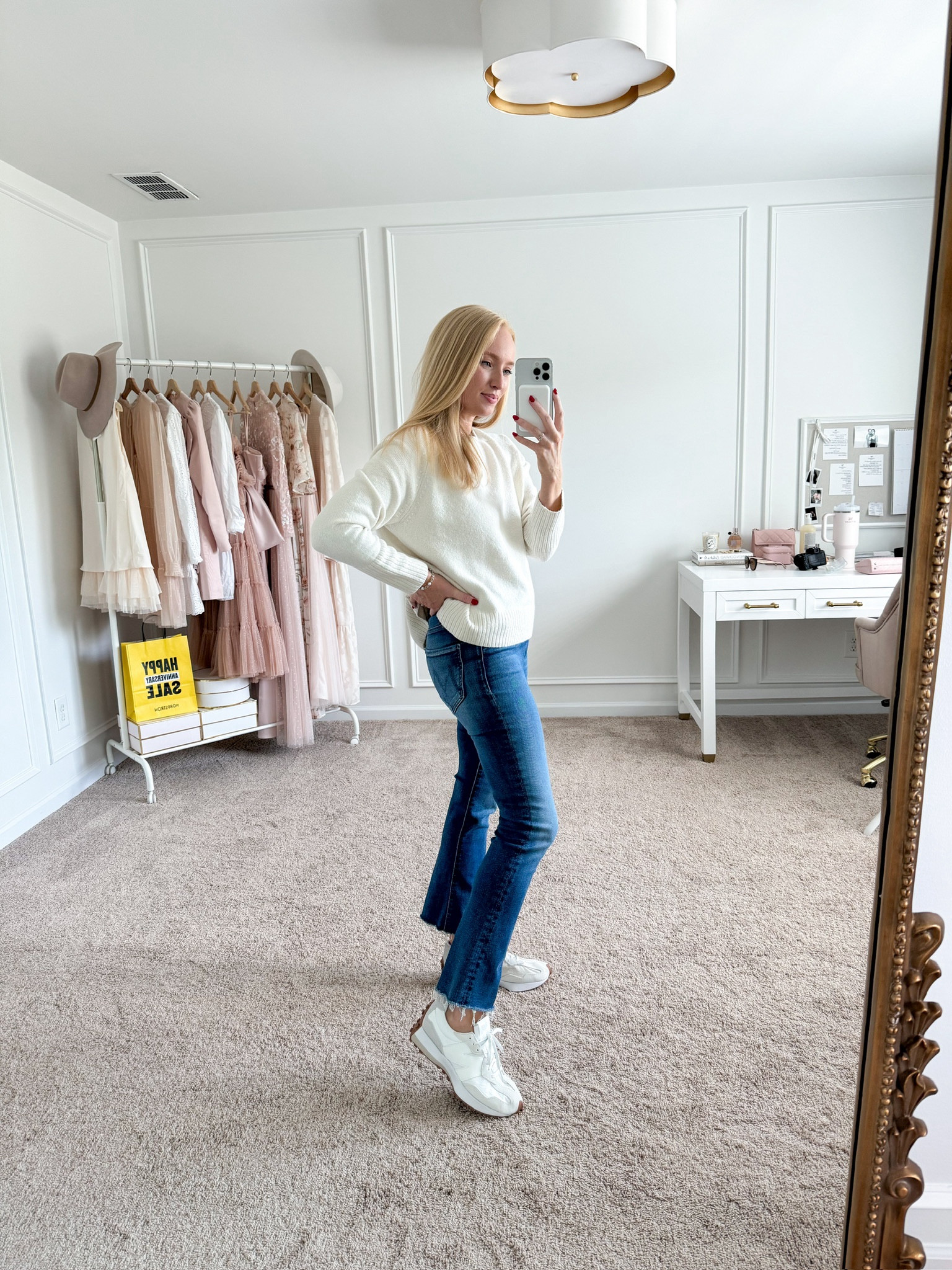 Nordstrom anniversary sale casual fall outfit! Love the wash of this year’s Nsale Mother jeans! Wearing size small in this cute sweater and size 28 in the jeans. Causal outfits // daytime outfits // mother jeans // fall sweaters // new balance sneakers 

#LTKxNSale #LTKStyleTip #LTKSaleAlert