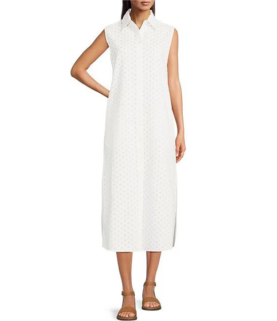 Eyelet Lace Sleeveless Pocketed Long Button Down Vest | Dillard's