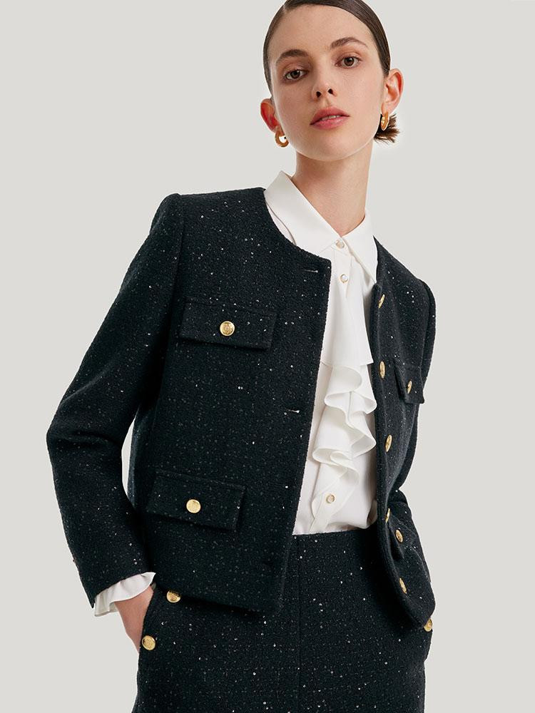 Elegant Black Tweed Cropped Women Jacket | GoeliaGlobal