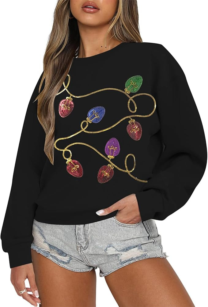BANGELY Christmas Sequin Sweatshirt Women Christmas Light Sweatshirts Xmas Long Sleeve Shirts Hol... | Amazon (US)