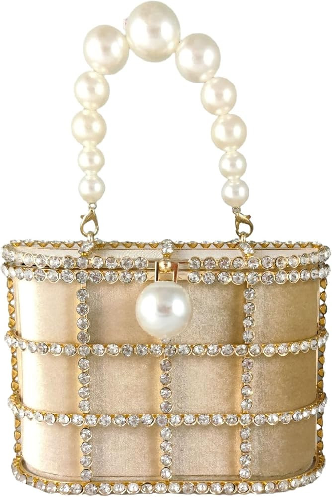 Synthetic Pearl Top-Handle Women Metal Bucket Bag Crystal Evening Purses and Clutches Formal Wedd... | Amazon (US)