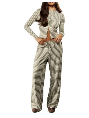 SweatyRocks Women's Striped 2 Piece Outfit Button Down Long Sleeve Knit Top Set Leisure Multicolor Large | Amazon (US)