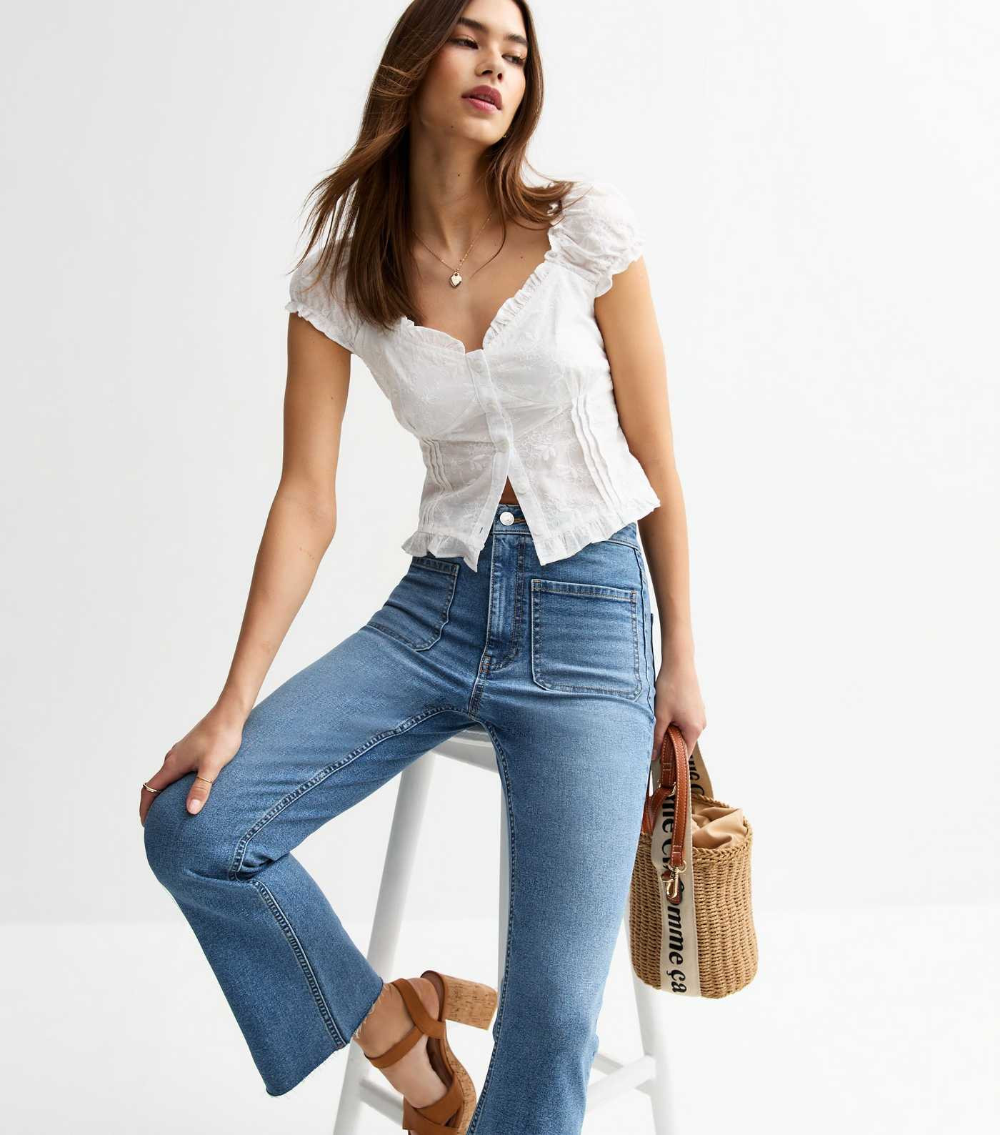 Blue Patch Pocket Kick Flare Denim Jeans | New Look | New Look (UK)