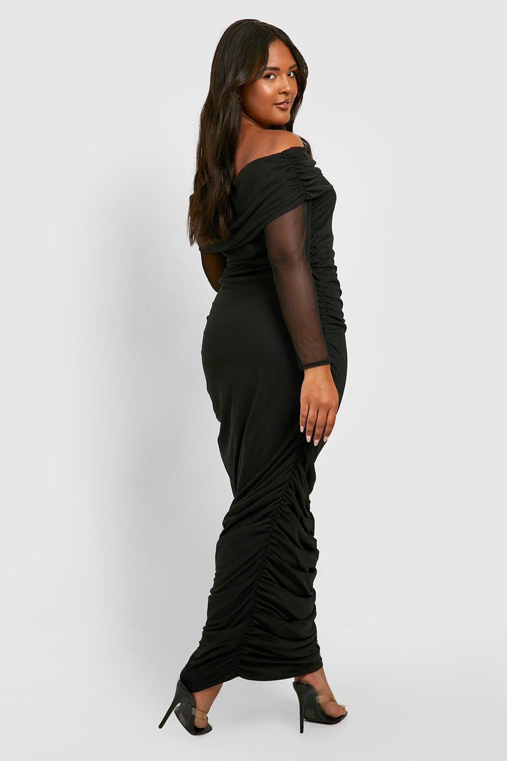 Plus Mesh Ruched Off The Shoulder Maxi Dress | boohoo (US & Canada)