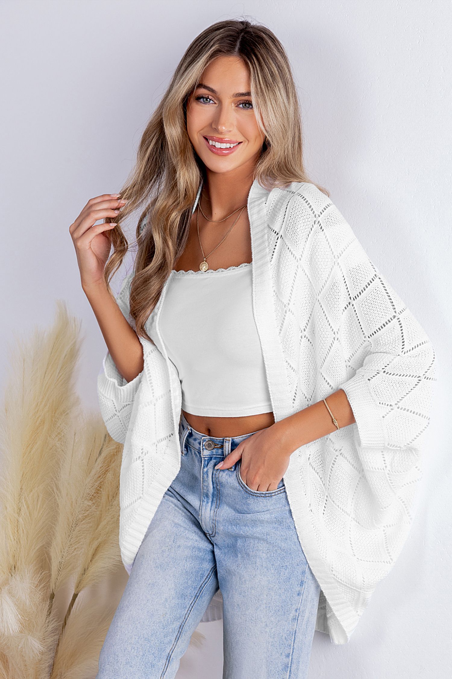 NewWhite Open Front Dolman Sleeve Knit Cardigan | Cupshe US