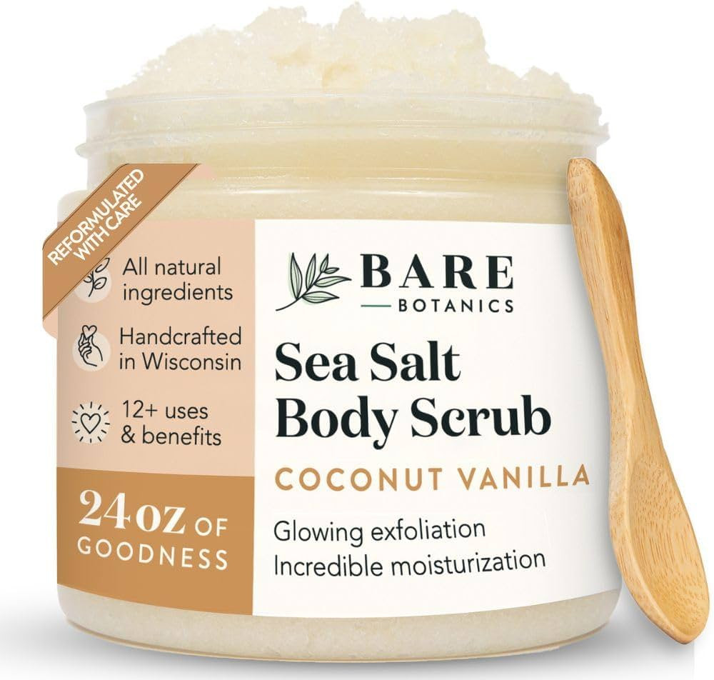 Bare Botanics Coconut Vanilla Body Scrub 24oz | Made in Madison, WI | All Natural Sea Salt Exfoli... | Amazon (US)
