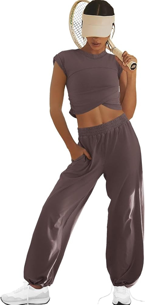 LAMISSCHE Womens Loungewear Set 2 Piece Outfits Sets Cropped Tops and Wide Leg Pants with Pockets... | Amazon (US)