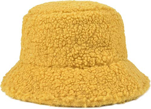 ChezAbbey Faux Fur Bucket Hat, Fuzzy Furry Winter Warm Fisherman Cap, Fluffy Teddy Sherpa Clothe Hats for Women Men Girls Yellow | Amazon (US)
