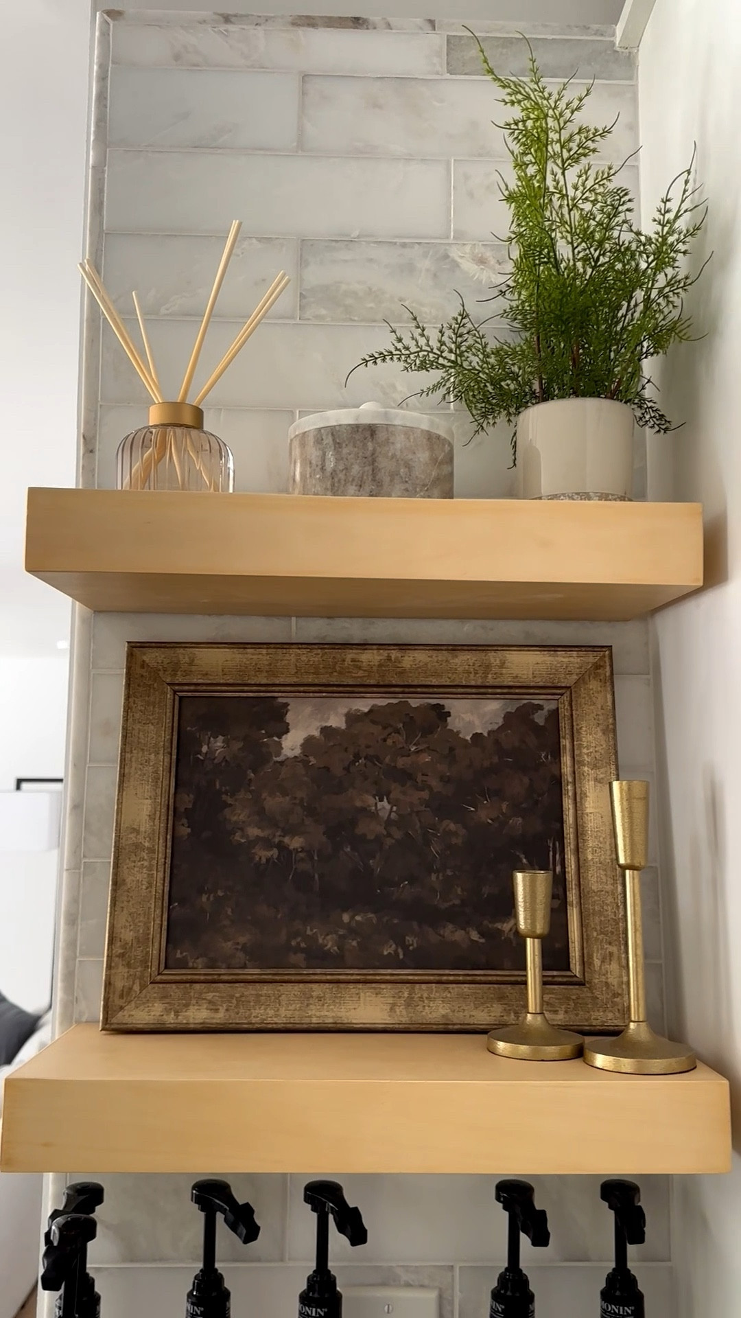 Floating shelves styled with all Target decor 

Target ribbed glass diffuser in Salt - Hearth & Hand with Magnolia 

Candlestick holder
Moody trees framed wall canvas 
Mini plant 
Floating shelves 

#LTKSaleAlert #LTKHome #LTKStyleTip