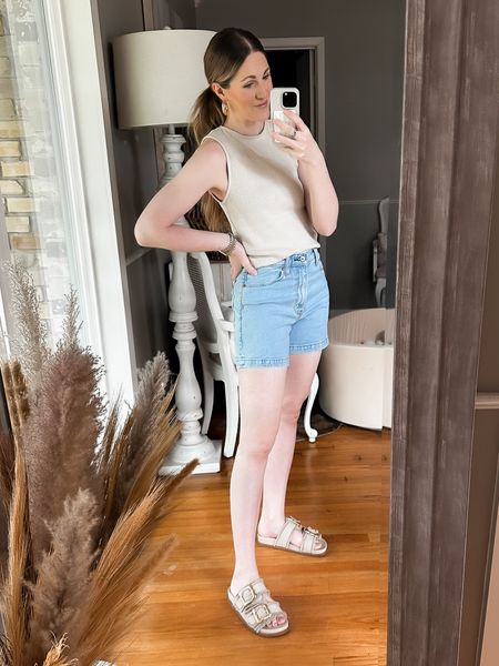 Mom outfit of the day! These denim shorts are so comfortable! Love that they are a longer length and they fit true to size. 

#denimshorts #momoutfit #ootd #springoutfit #casualoutfit #shorts #sandals 

#LTKfindsunder100 #LTKSeasonal #LTKshoecrush