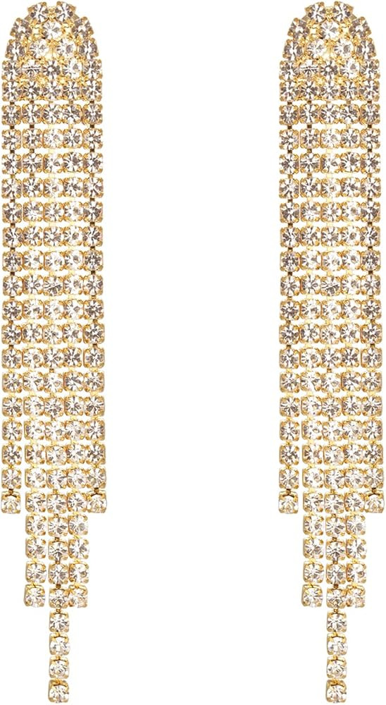 Mlouye 2.8"L Rhinestone Earrings Dangling Chandelier Earrings 5 Tassel Fringe Crystals Dangle Ear... | Amazon (US)