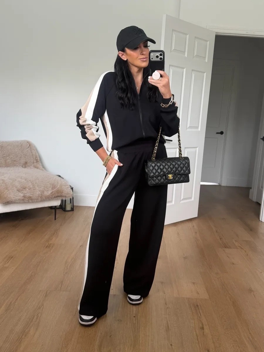 Spanx Air Essentials Colorblock track jacket- I’m wearing a size medium now $99. Spanx Air Essentials Colorblock track pant- I’m wearing a size medium now $79