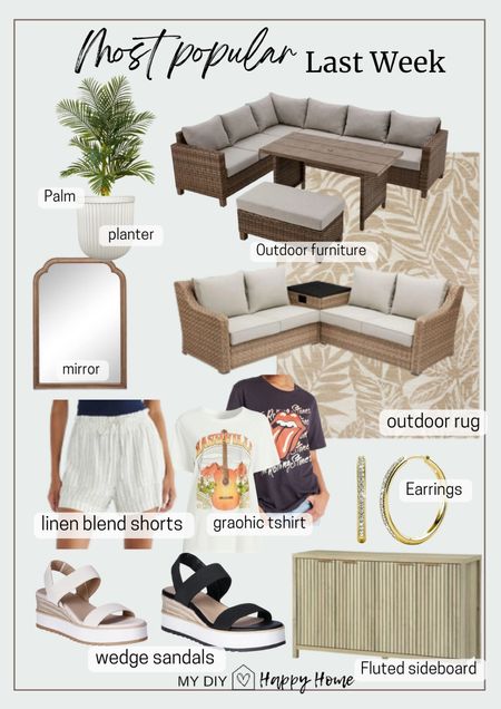 Last weeks most popular finds:

•outdoor seating sets
•outdoor rug
•palm tree
•white fluted planter 
•wood frame mirror (in my bathroom)
•linen blend shorts 
•graphic tshirts 
•gold tone hoop earrings 
•wedge sandals 
•wood fluted sideboard  

#LTKFamily #LTKHome #LTKSeasonal
