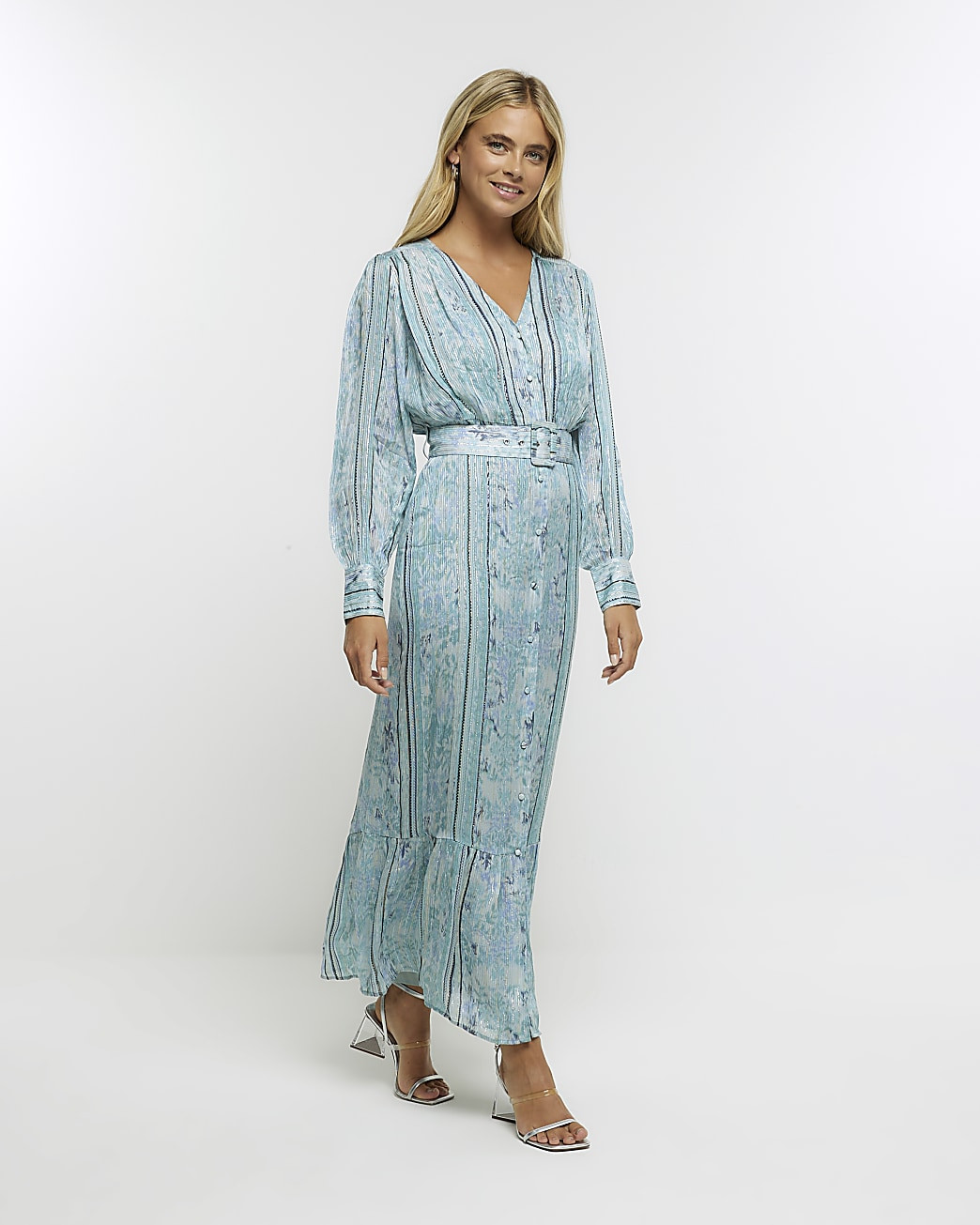 Blue floral belted swing midi dress | River Island (UK & IE)